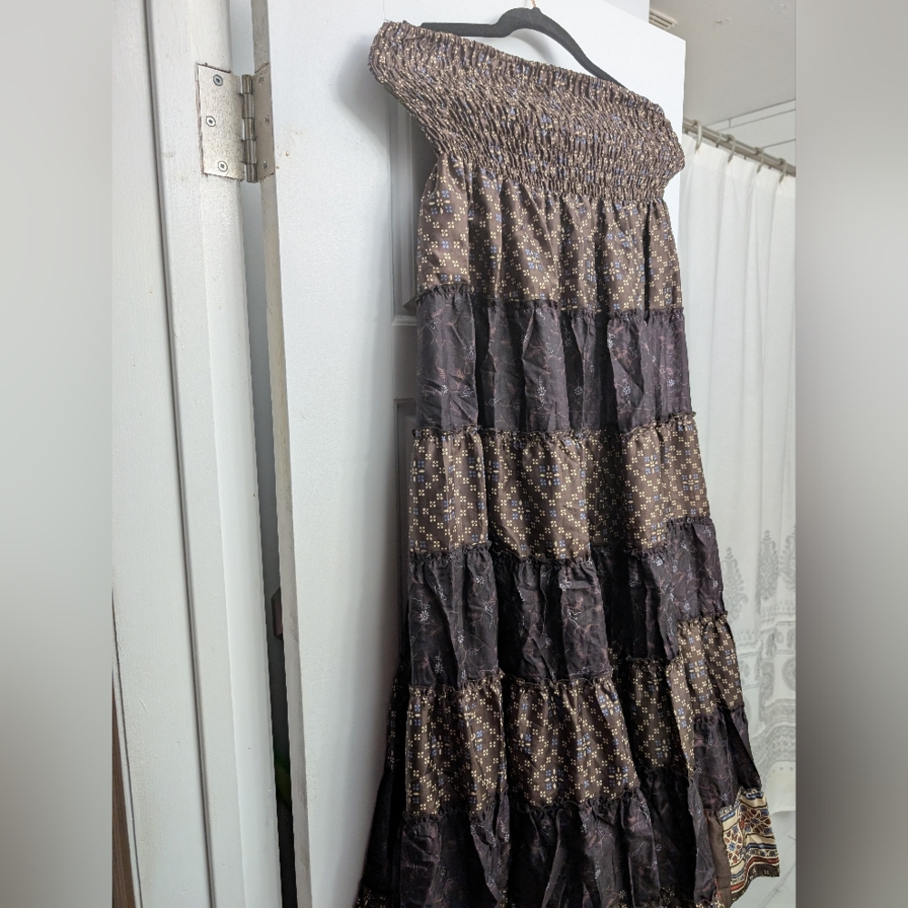 🔵 Brown and Black Off-Boho Dress 100% Silk Can Also Be Worn As A Skirt